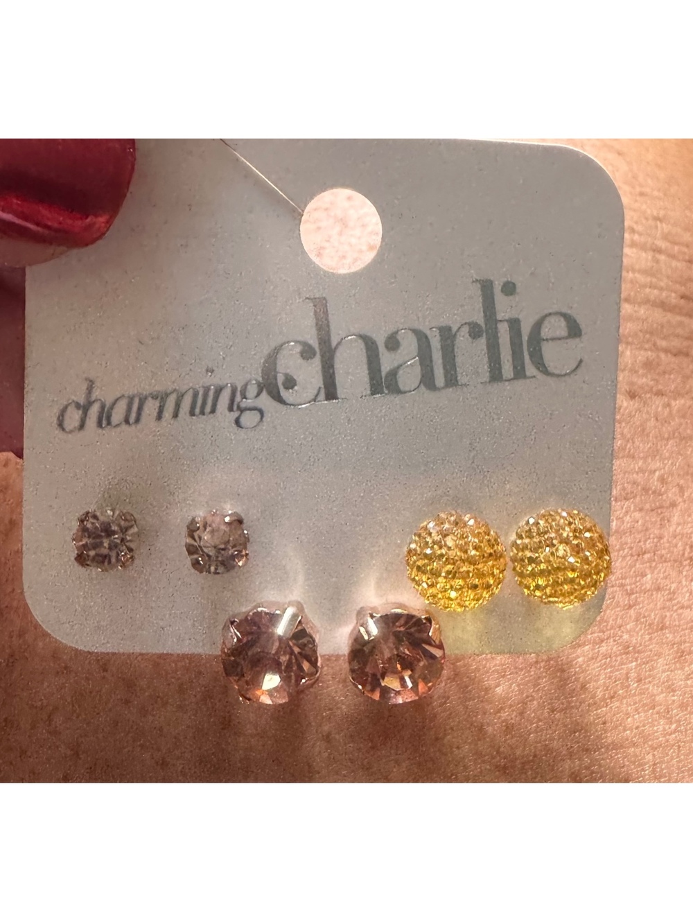 Charming Charlie 3 Pair Stud Earrings Set Purple Pink Gold Crystal